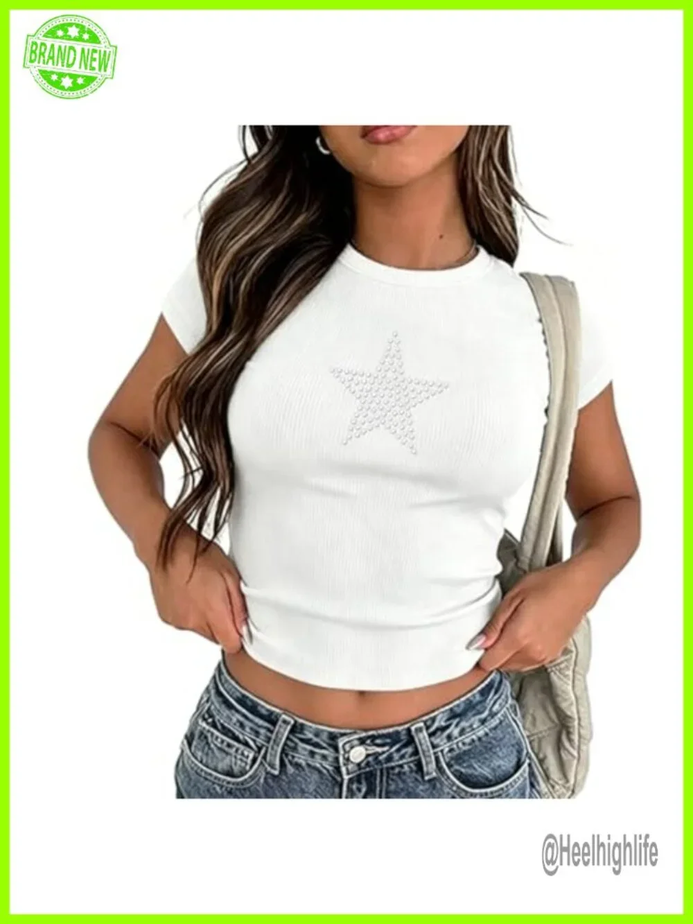 Rhinestone Star Ribbed Crop Top Short Sleeve Y2K Concert Tee Slim Fit